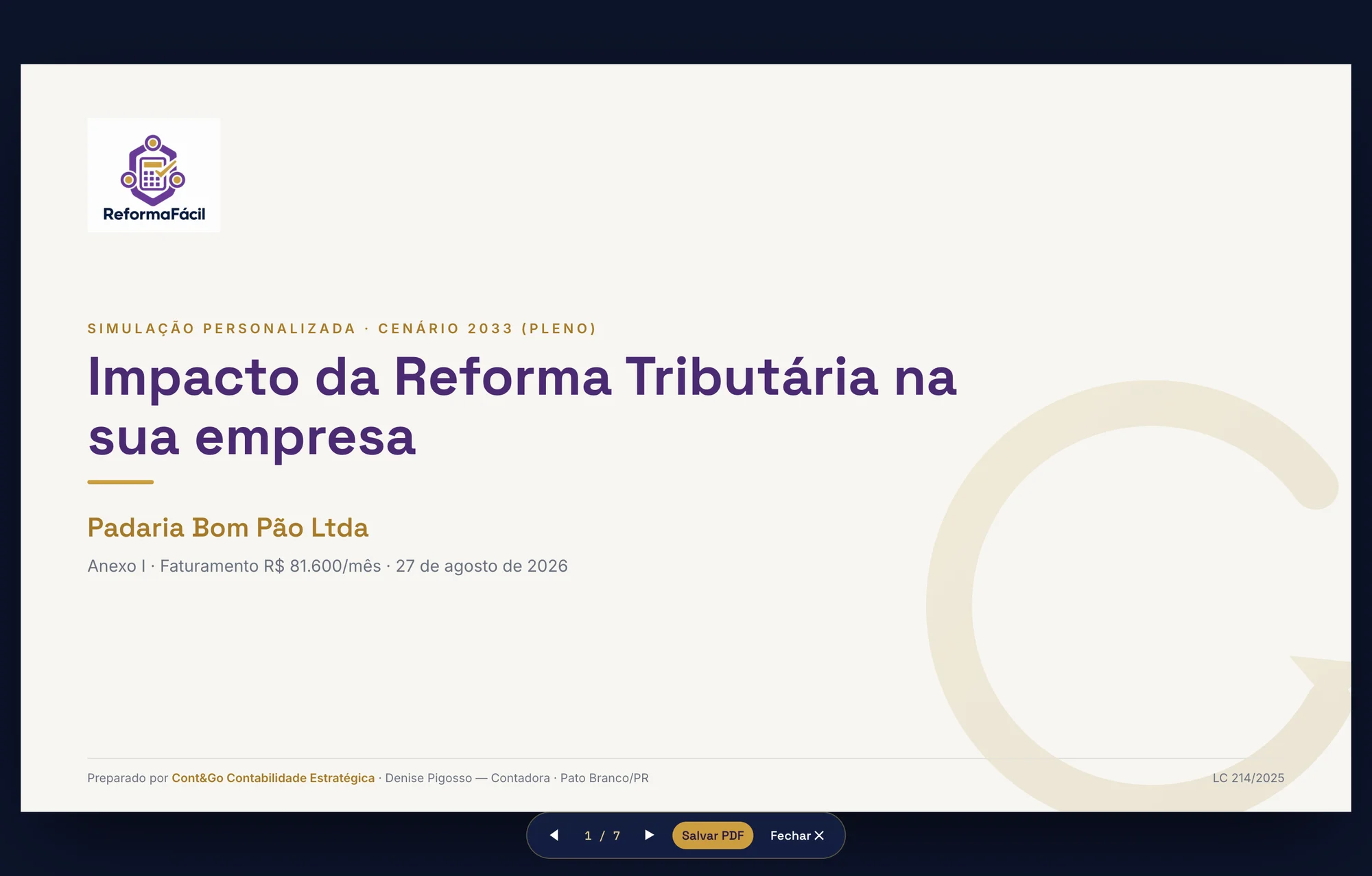 Capa da apresentação gerada pelo simulador para uma empresa de exemplo