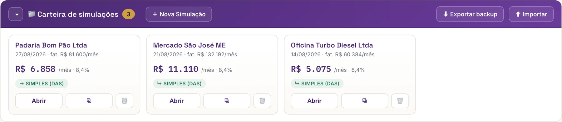Carteira de simulações do ReformaFácil com três clientes salvos