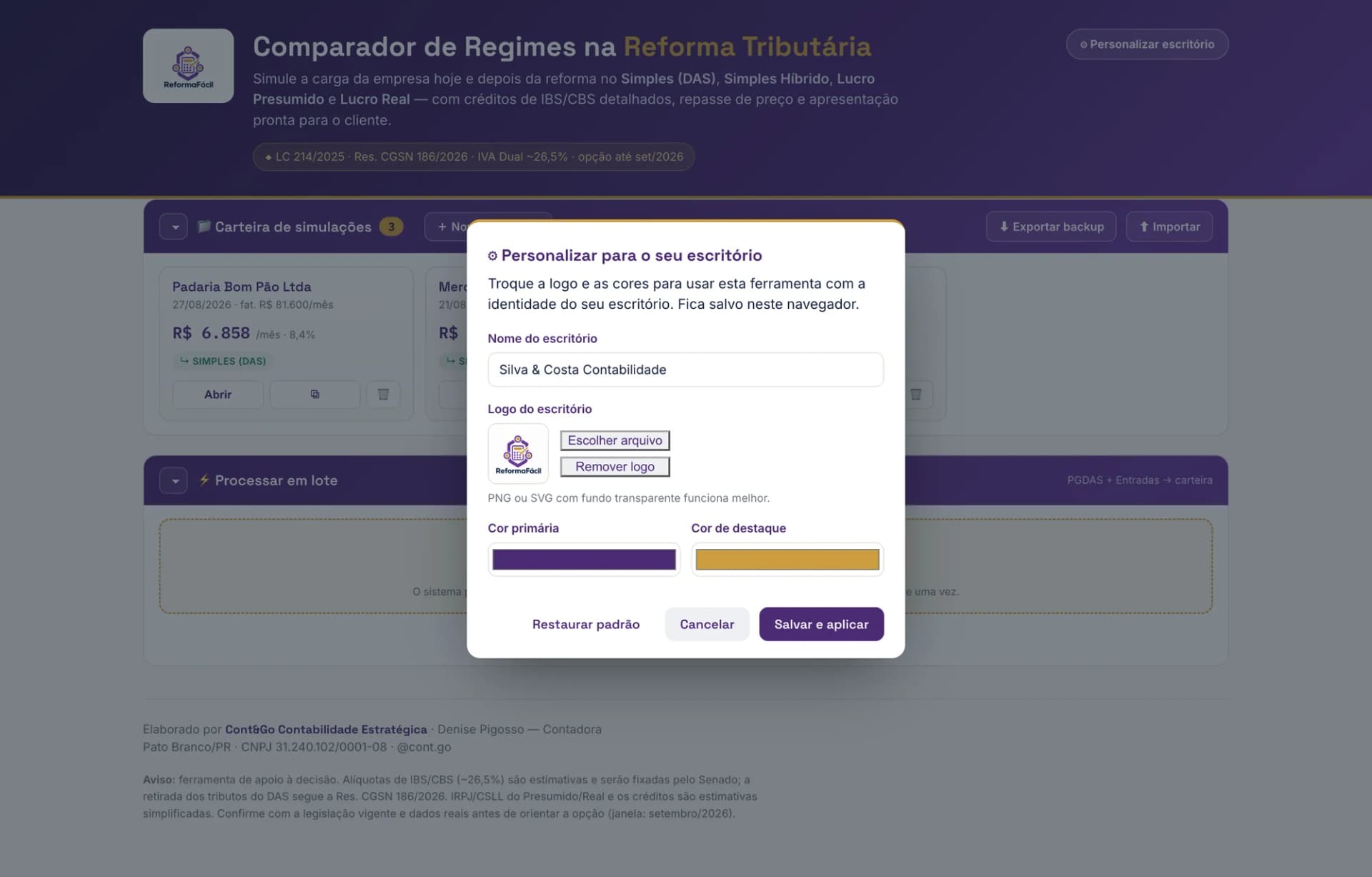Janela de personalização do simulador, com campos para nome do escritório, logo e cores